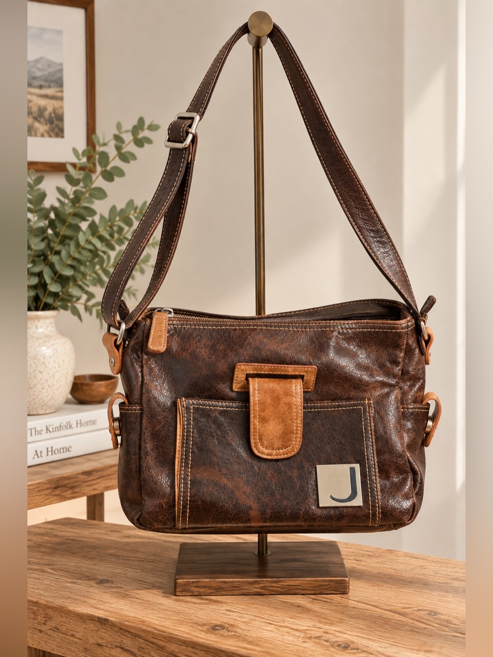 Joanel Y2K Brown Distressed Shoulder Bag Boho Messenger Chocolate Purse